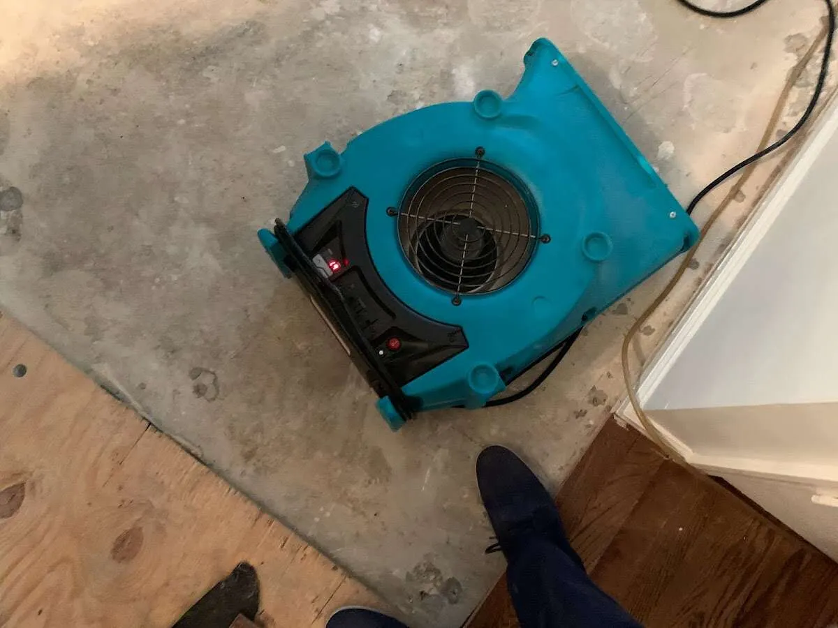 Air mover drying subfloor during Commercial Water Damage Restoration in Salem